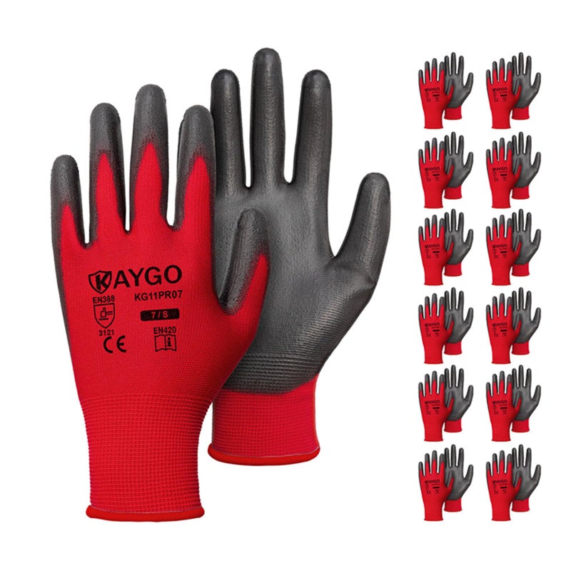 KAYGO Safety Work Gloves PU Coated for women, 12 Pairs Seamless Knit Glove with Polyurethane Coated Smooth Grip on Palm and Fingers, Ideal for General Duty Work, KG11P (Small, Red) - Image 1